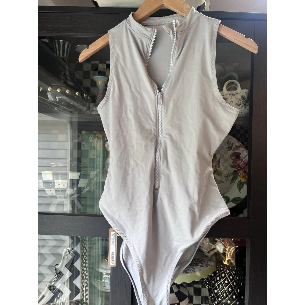 Skims Recycled Swim Sleeveless One Piece Chrome Silver Gray M NWT